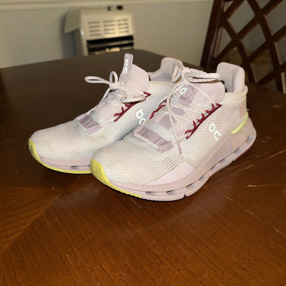 On Running Cloudnova White and Light Pink Athletic Shoes